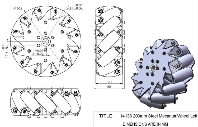 203mm Steel Mecanum Wheel Left Bearing Rollers - 14138L - Image 3