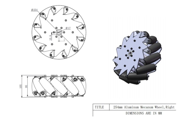 A set of 10 inches (254mm) Aluminum Mecanum Wheels 4 pcs with Bearing Rollers - 14131 - Image 4